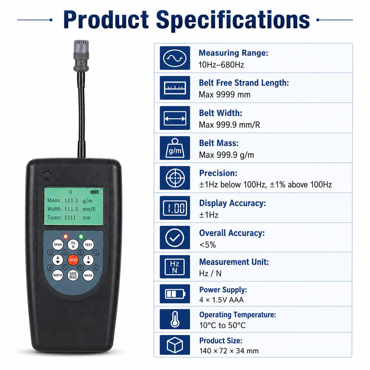 Sonic Belt Tension Tester, 10Hz–680Hz Digital Belt Tension Meter