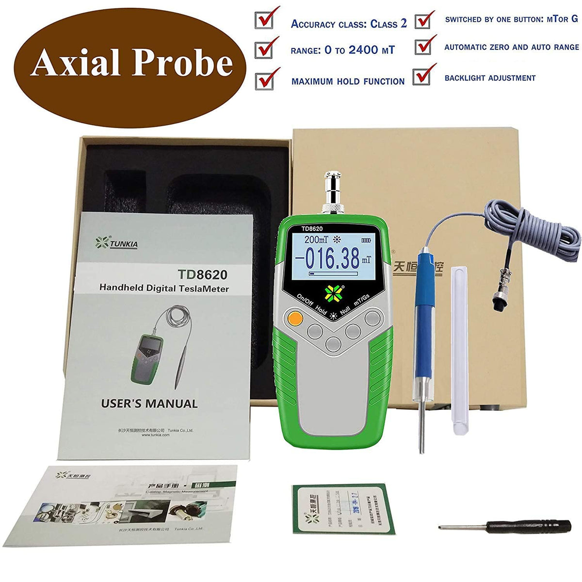 Tesla Meter Tester Digital Gauss Meter Surface Magnetic Field Tester with Axial Probe 2% Accuracy Guassmeter
