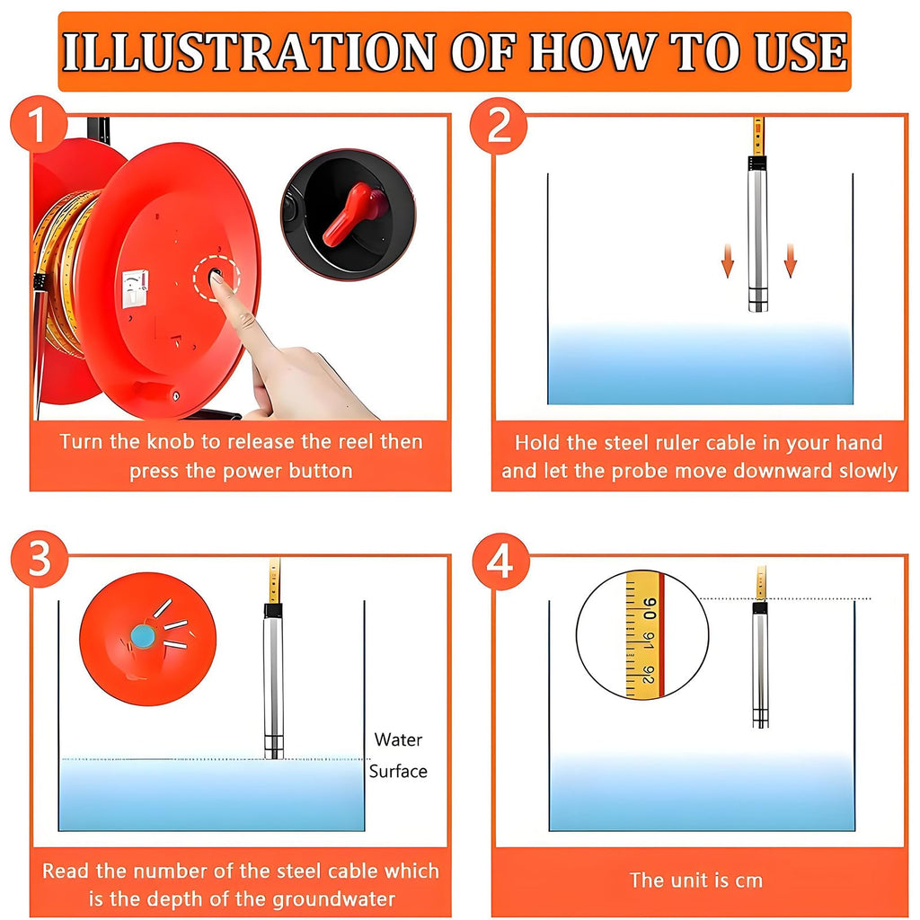 Water Level Meter, Well Water Depth Gauge with Fixed Probe and Steel Tape, 300m Measurement for Wells, Boreholes, Reservoirs and Pipes