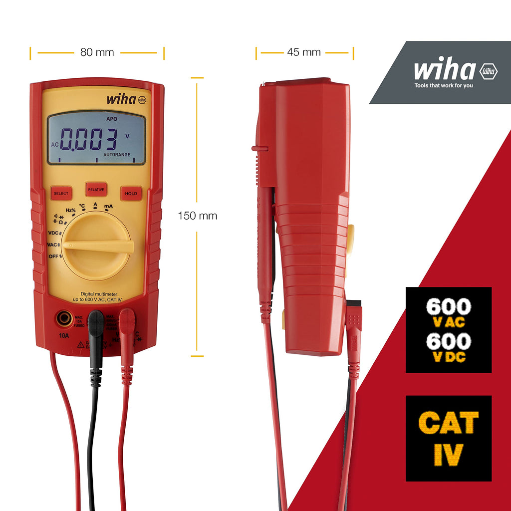 Wiha Digital Multimeter up to 600 V AC, CAT IV with 2X AAA Batteries I with LCD Display (45218)