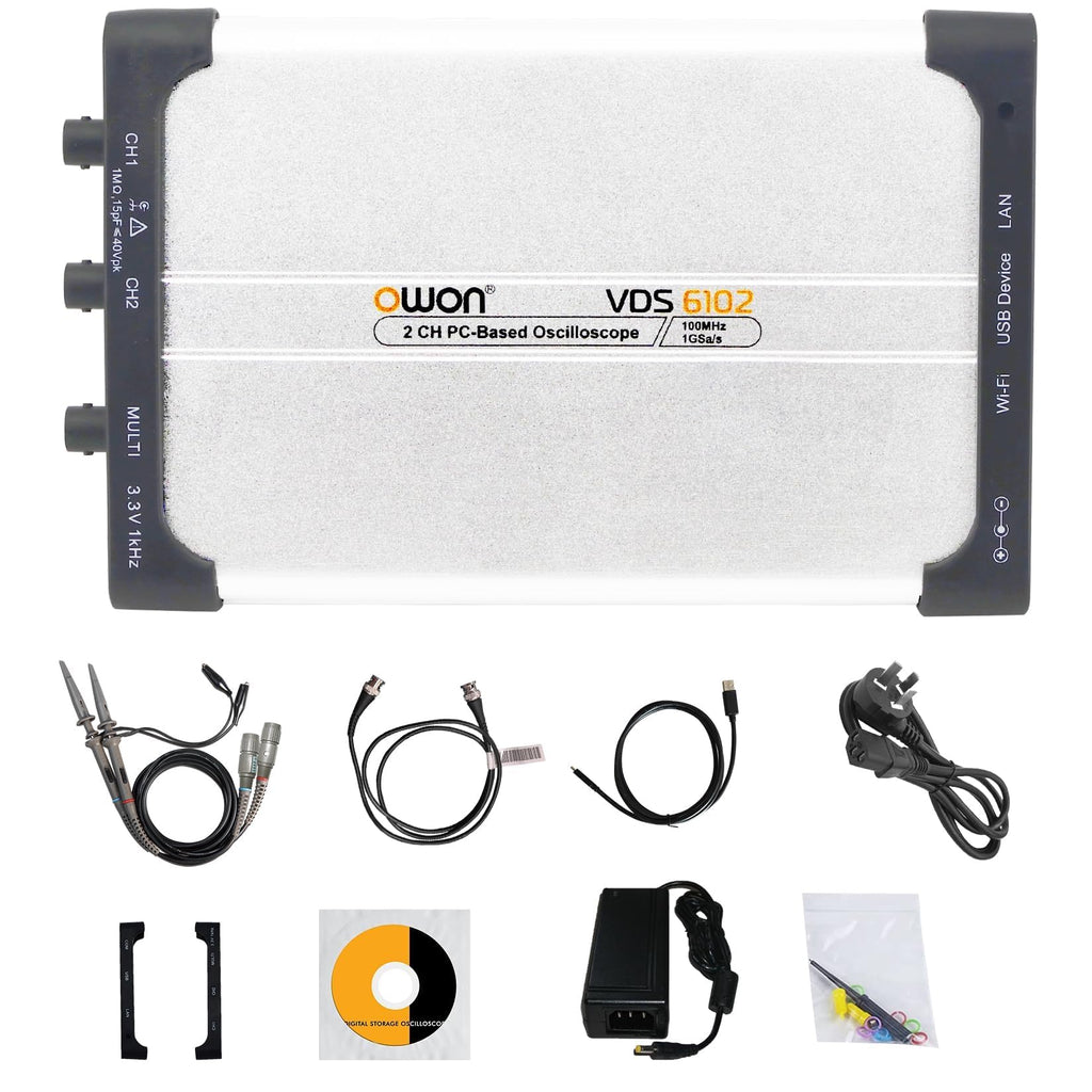 OWON VDS6102 USB PC Virtual Oscilloscope 2+1 (Signal Source) 100 MHz 1GSa/s 8bits ADC Portable Type-C Digital Oscilloscope, Standard SCPI Protocol Supported, LabVIEW Supported