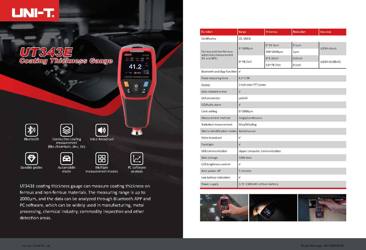 UNI-T UT343E Coating Thickness Gauge 2000µm Measuring Range Conductive Coating Measurement