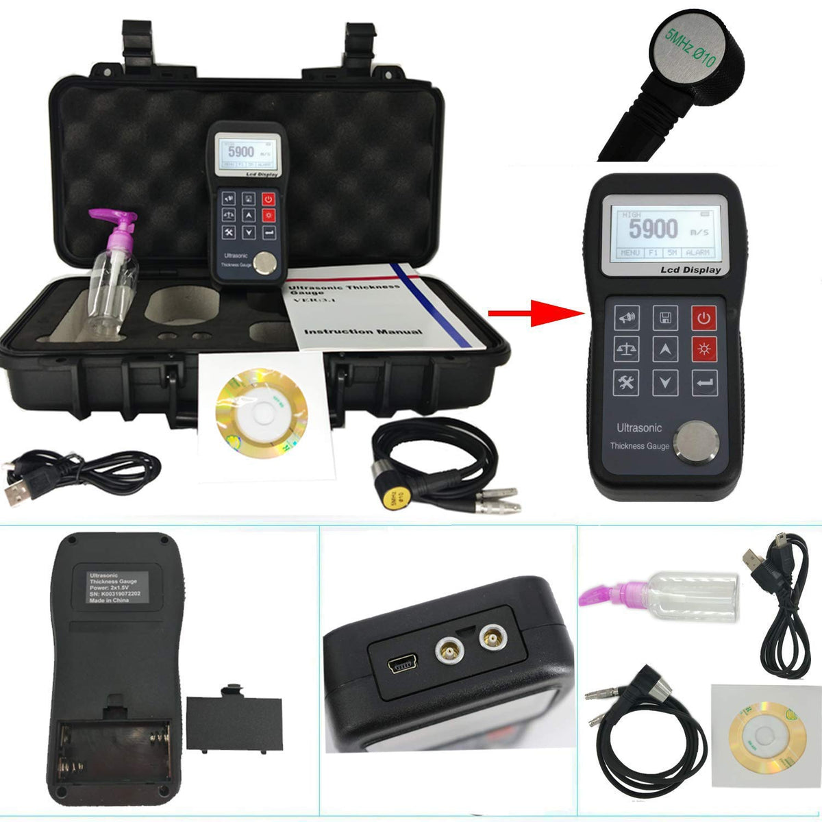 Ultrasonic Thickness Gauge Tester Thickness Meter Measurement with Measuring Range 0.75mm to 300.0mm/0.03inch for Testing Metal Steel Aluminum Copper LED Backlight Display Function