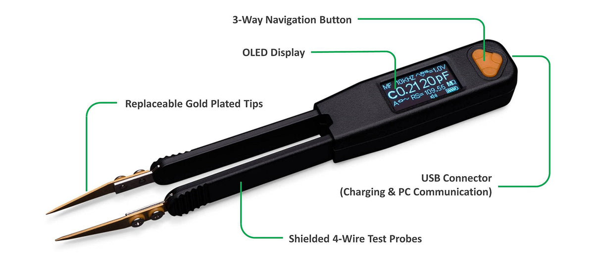 Pro1 Plus - 100KHz LCR Meter with 0.1% Accuracy/LED Tester/ESR Meter/Smart SMD Tweezers/with Spare Test Tips