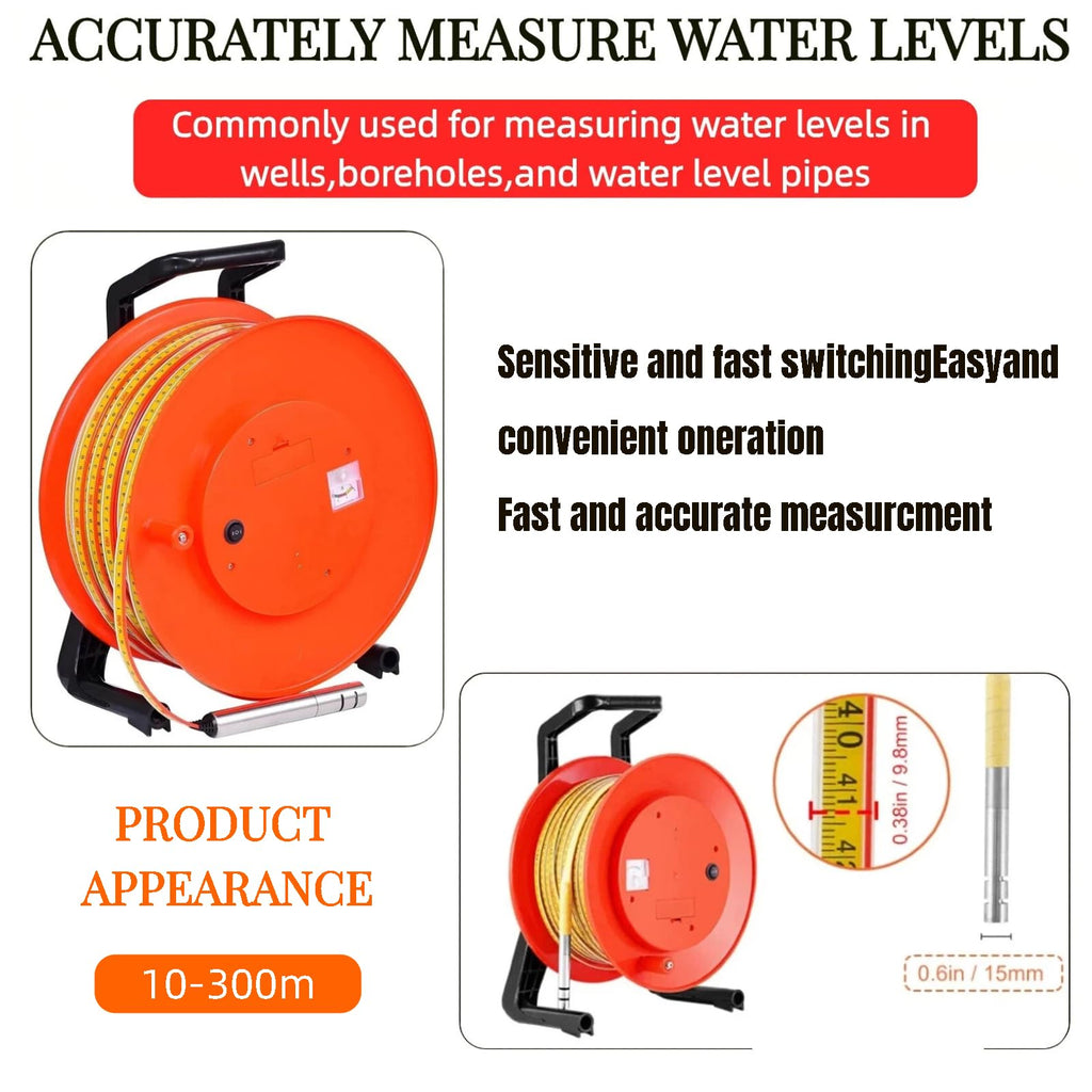 Water Level Meter for 10-300m Groundwater Depth Measurement, Electronic Water Level Indicator with Fixed Probe & Steel Tape (20m/65ft) for Wells and Aquifers