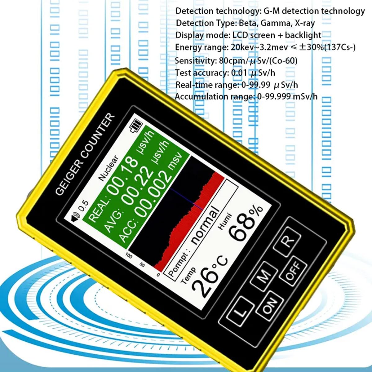 4-IN-1 Geiger Counter, Nuclear Radiation& Electromagnetic&temperature and Humidity Detector, Portable Radiation Dosimeter with LCD Display, Handheld Beta Gamma X-ray Radiation Monitor Meter, for Lab