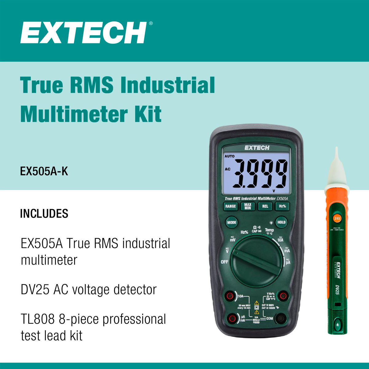 Extech EX505A-K Heavy Duty Industrial Multimeter Kit, CAT IV 600V