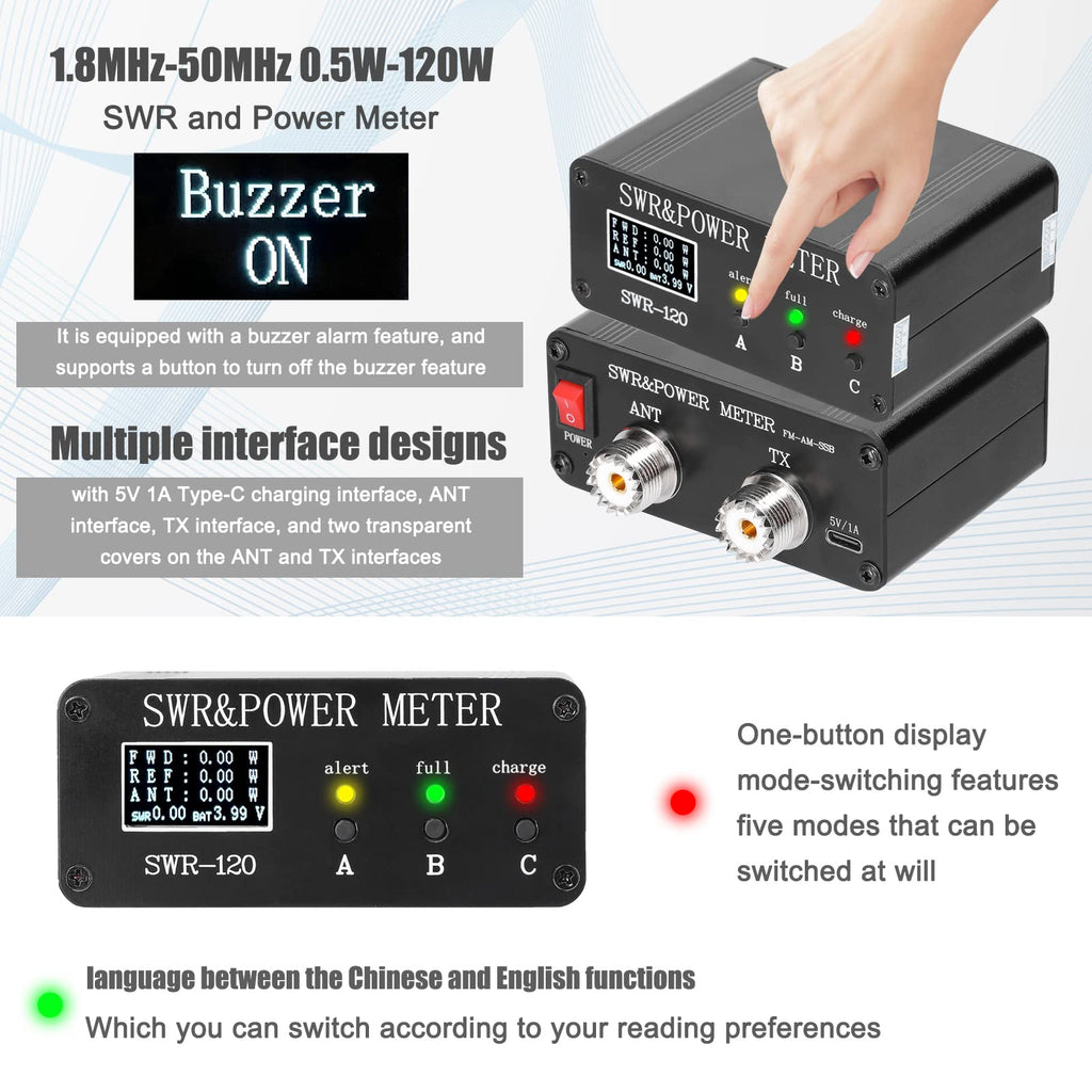 1.8MHz-50MHz 0.5W-120W Short Waves SWR and Power Watt Meter Standing Waves Meter Type-C Charging Interface SWR and Power Meter