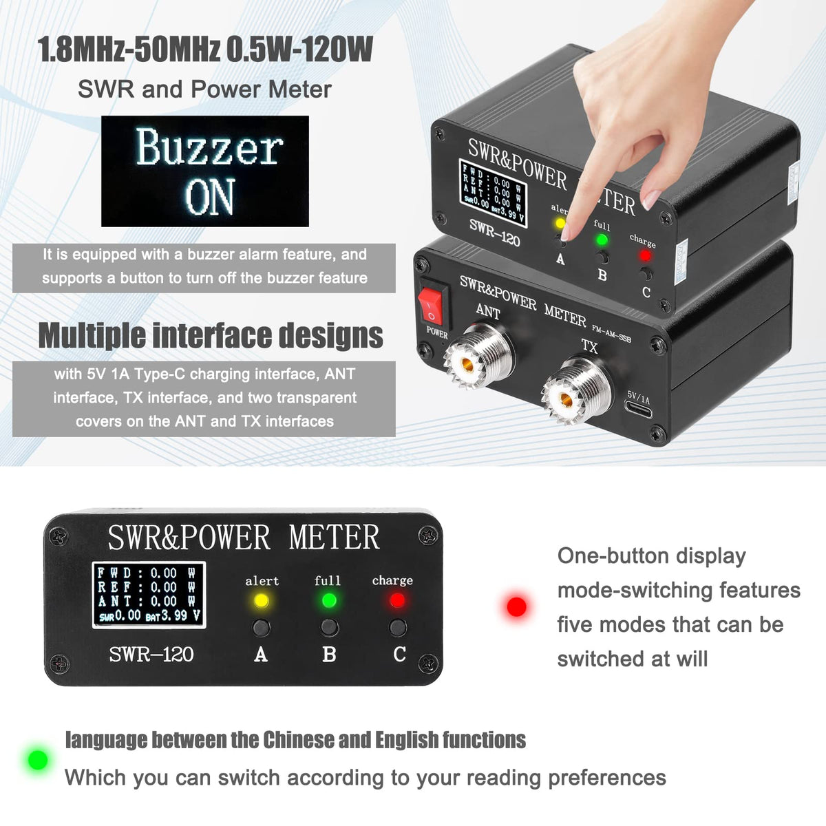 1.8MHz-50MHz 0.5W-120W Short Waves SWR and Power Watt Meter Standing Waves Meter Type-C Charging Interface SWR and Power Meter
