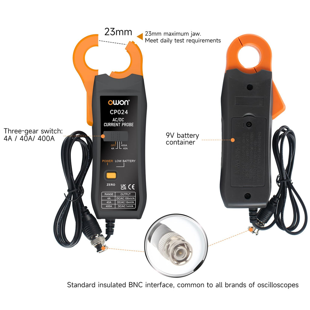 OWON CP024 AC/DC Current Probe for Oscilloscope, Current Clamp Probe 200KHz Bandwidth 4A, 40A, 200A, 300-400A Test Range, Current Tester Clamp Meter with BNC Type Connector
