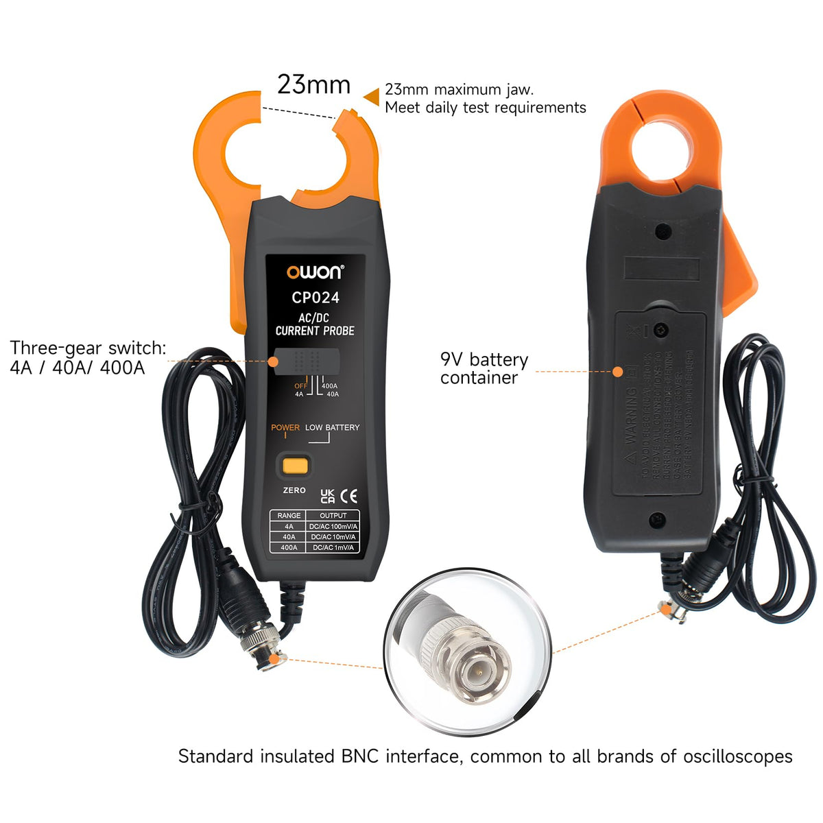 OWON CP024 AC/DC Current Probe for Oscilloscope, Current Clamp Probe 200KHz Bandwidth 4A, 40A, 200A, 300-400A Test Range, Current Tester Clamp Meter with BNC Type Connector