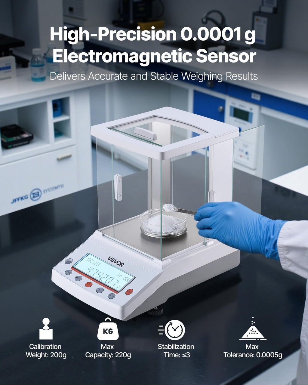 VEVOR Analytical Balance, 220 g x 0.1 mg, 0.0001 g High Precision Accuracy Lab Scale, g/oz/ct/mg 4 Units Electronic Digital Analytical Balance with Glass Draft Shield, for Laboratory Jewelry Pharmacy