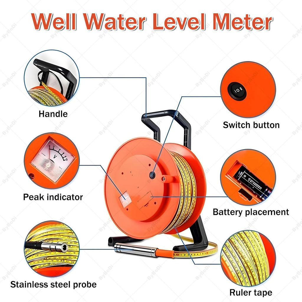 Well Water Depth Gauge,Electronic Waters Meters Measurement Tool with 0.59 Inch Probe and Steel Tape,with Stainless Steel Probe and Steel Tape,for Well,Boreholes,Reservoirs(50m(164ft))