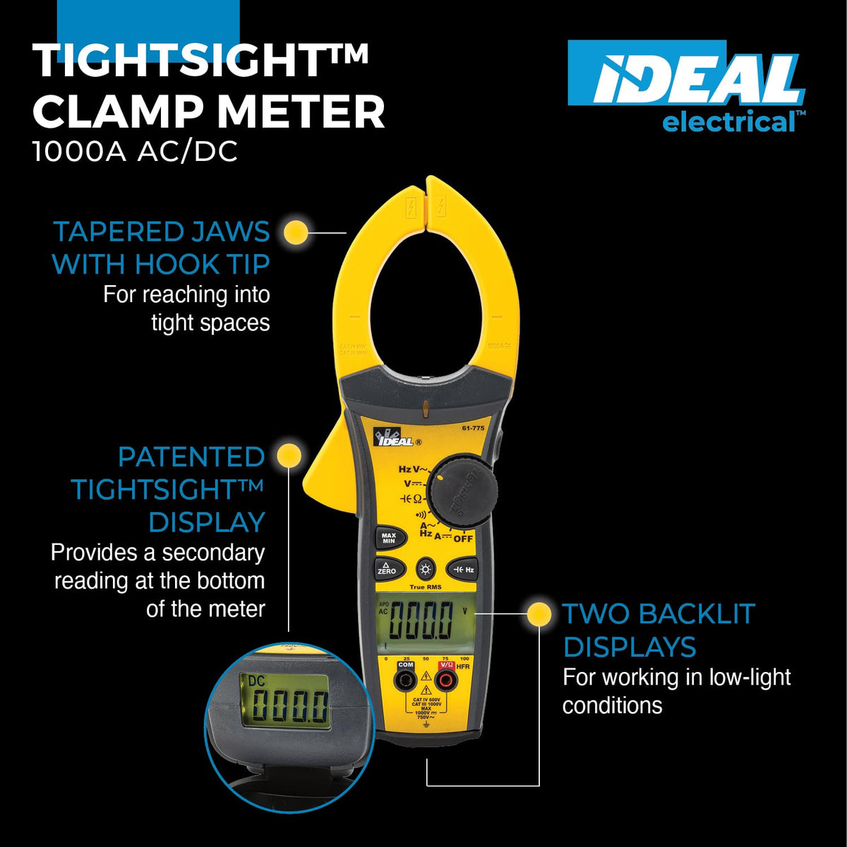 Ideal Electrical 61-775 1000 Amp TightSight Clamp Meter AC/DC with TRMS, True RMS Current and Voltage, CATIII for 1000V, CATIV for 600V Yellow