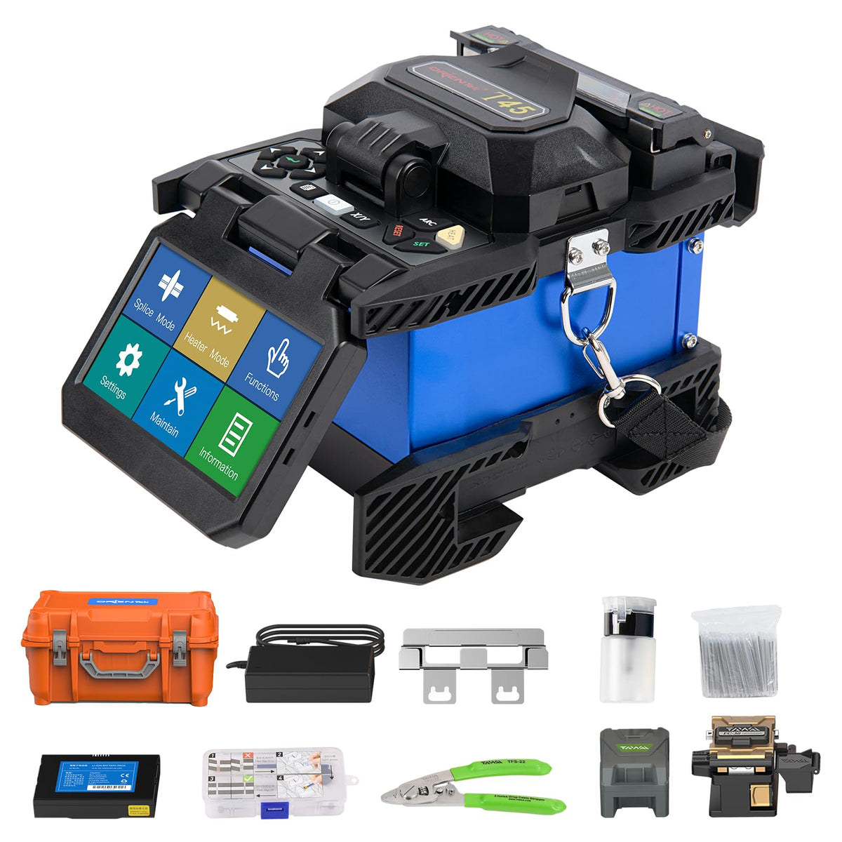 T45 Core Alignment Fusion Splicer Fiber Optic Welding Splicing Machine FC-30 Optical Fiber Cleaver 18s Highly Eﬃcient Heating 4.3inch Screen