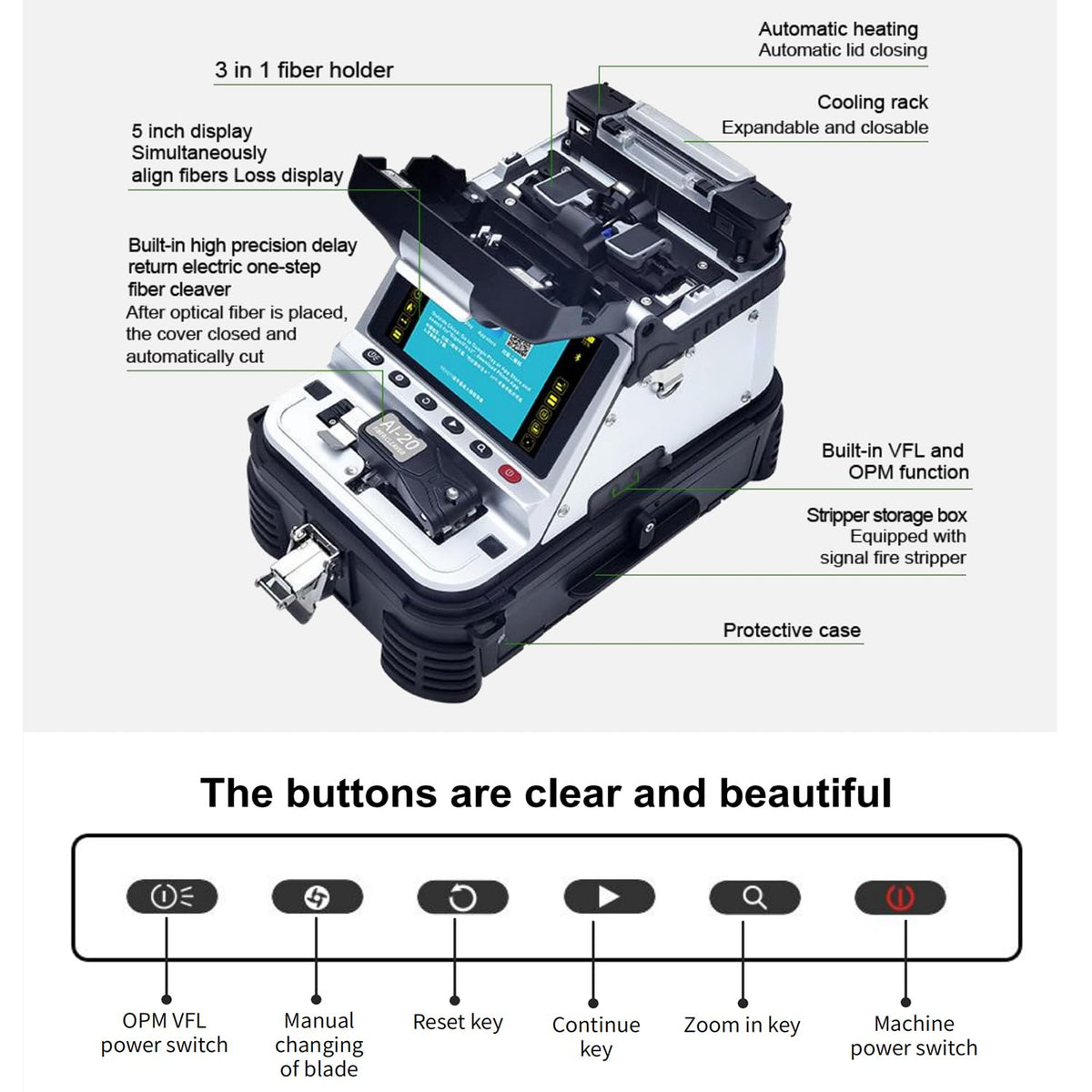 SM&MM Fusion Splicer - High-Precision One-Step Fiber Cutter, Integrated Optical Splicer & 3 in 1 Fiber Holder with VFL and OPM Function (Ai-20A)