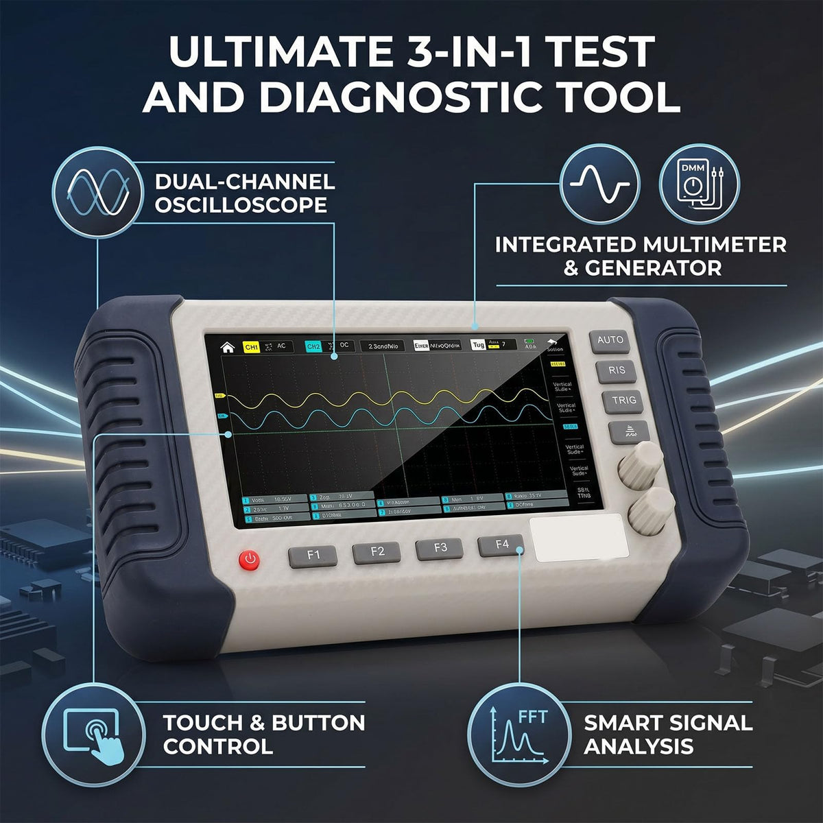 Zunate 3 in 1 Oscilloscope Multimeter Signal Generator, 100MHz Bandwidth Sampling Rate with 7 Inch Touch Screen and 2 Channels for Testing Electronic Tasks