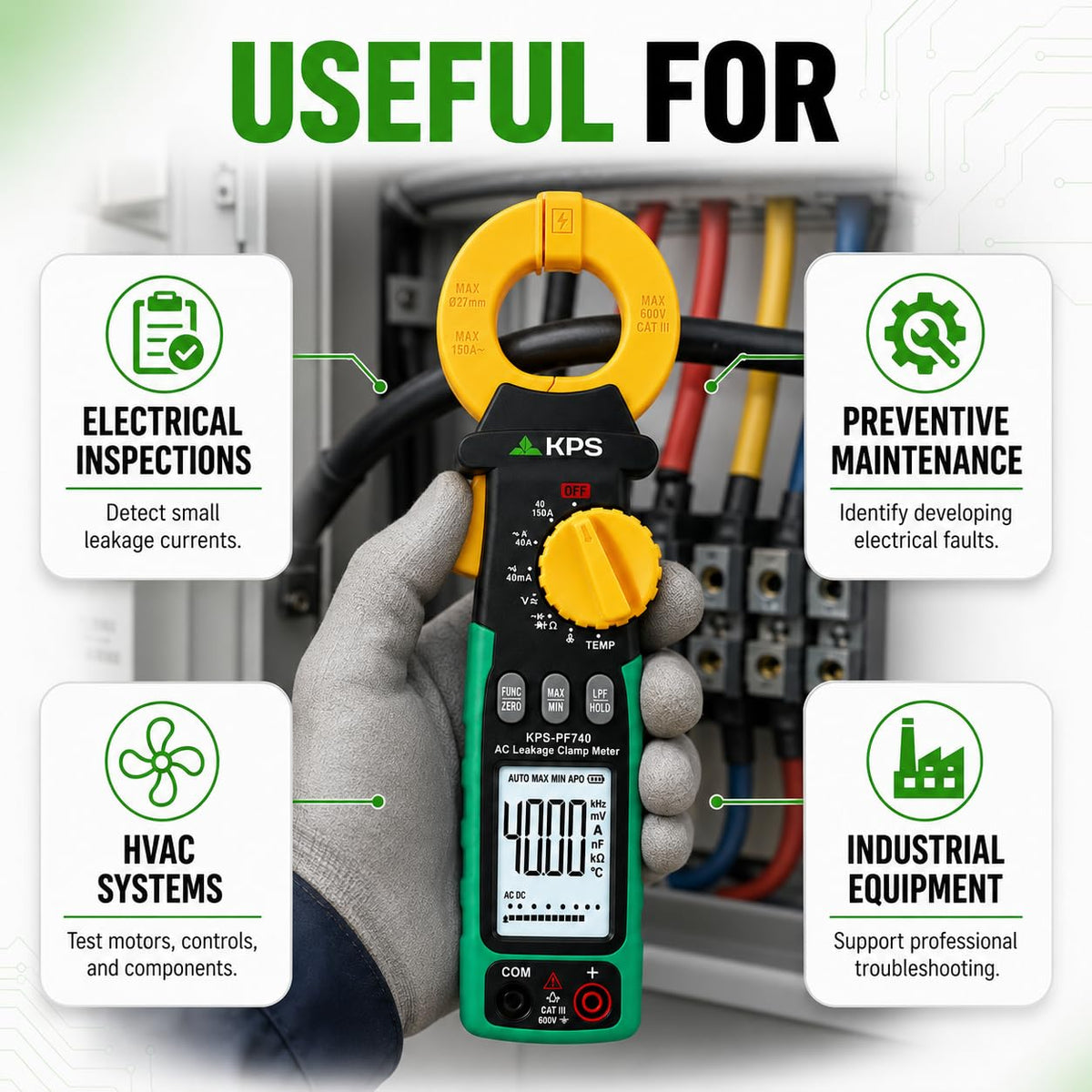 KPS PF740 True RMS Leakage Clamp Meter, 0.001mA Resolution, CAT III