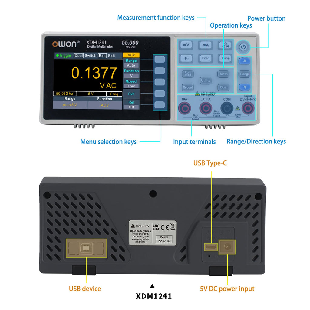 OWON Desktop Digital Multimeter with 3.5-inch LCD Display,Voltage, and Temperature with True RMS Capability,Designed for use in Laboratories, Instruments, and Factories XDM1241