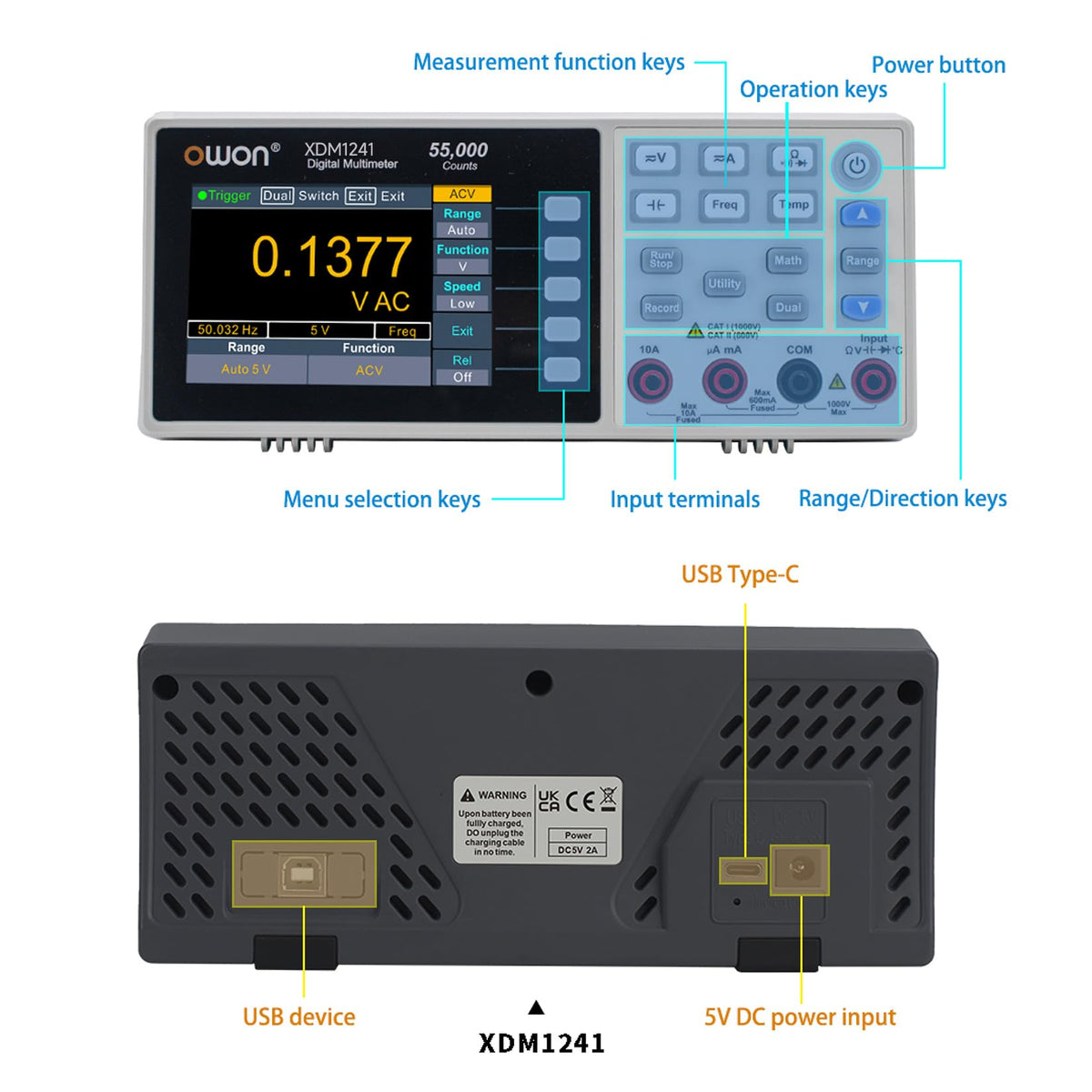 OWON Desktop Digital Multimeter with 3.5-inch LCD Display,Voltage, and Temperature with True RMS Capability,Designed for use in Laboratories, Instruments, and Factories XDM1241