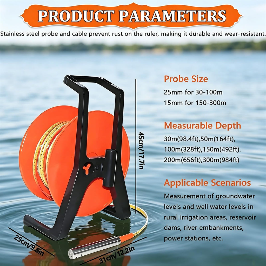 Well Water Depth Meter Indicator with Stainless Steel Probe, Electronic Water Level Gauge with Fixed Probe and Steel Tape, for Accurate Groundwater Level Measurement 200m(656ft)