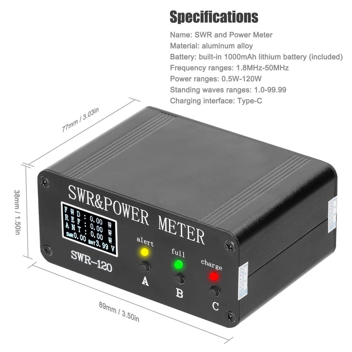 1.8MHz-50MHz 0.5W-120W Short Waves SWR and Power Watt Meter Standing Waves Meter Type-C Charging Interface SWR and Power Meter