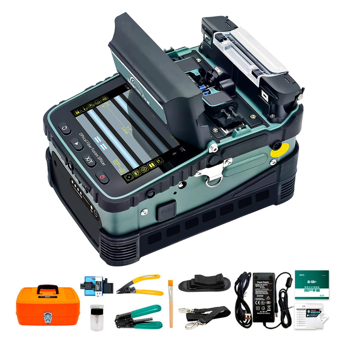 AI-6A+ Entry-Level Fusion Splicer Fiber Optic Splicing Machine Kit with Touch Screen OPM VFL, 6-Motor Core Alignment FTTH Fiber Splicer for Beginners Small Contractors 8s Splice 18s Heat