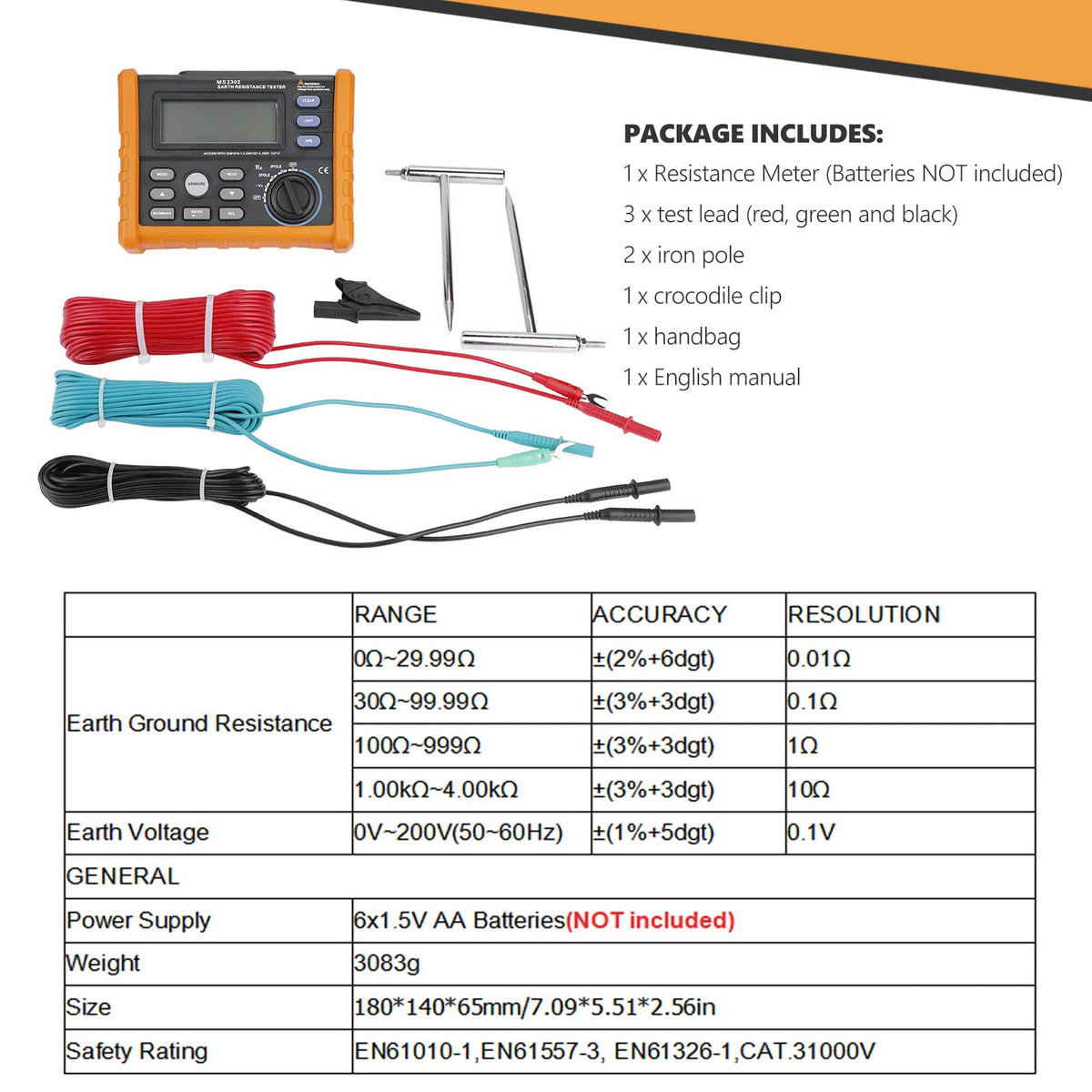 PM2302 Digital Ground Earth Tester, 0 4kΩ Insulation Resistance Meter with LCD Backlight Display for Electricians, Telecom & Power Line Technicians, Portable Soil Resistivity Tester