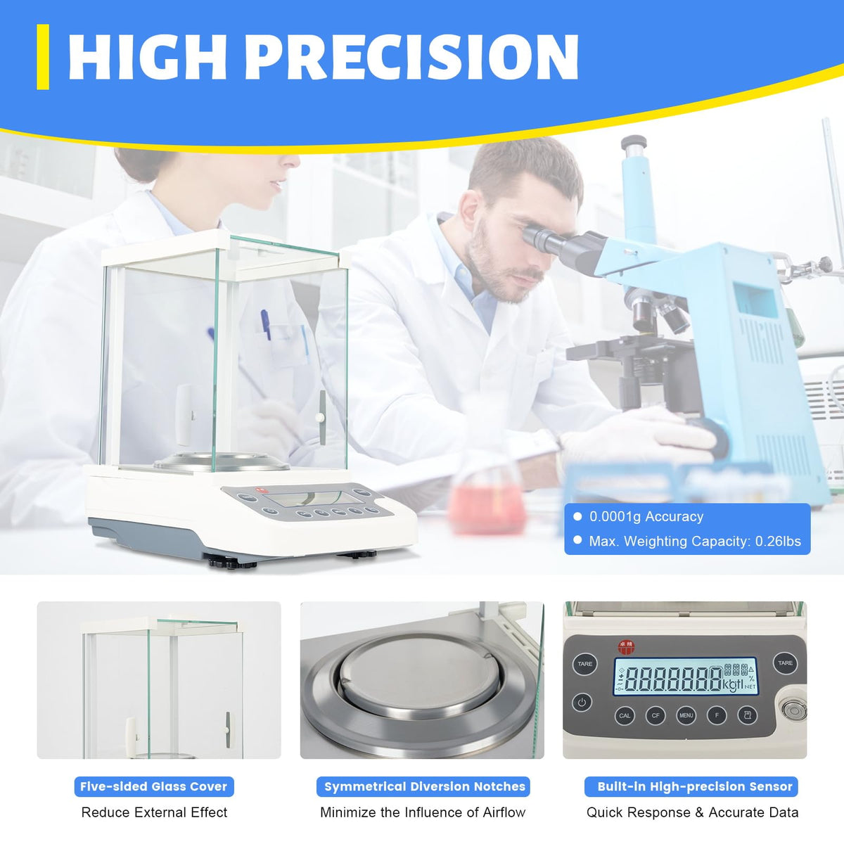 0.0001g Analytical Balance, 120g Digital Lab Scale with Glass Draft Shield & Weighing Pan & 100g Standard Weight, 18 Units High Precision Digital Balance for Jewelry Gold Store Lab