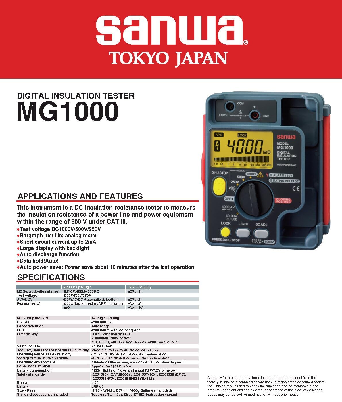 Japan Sanwa MG5000 MG1000 MG500 M53 High-Voltage Digital Insulation Resistance Tester 5000V/1000V/500V/500V Display Megohmmeter Electronic Insulation Testers(MG1000)