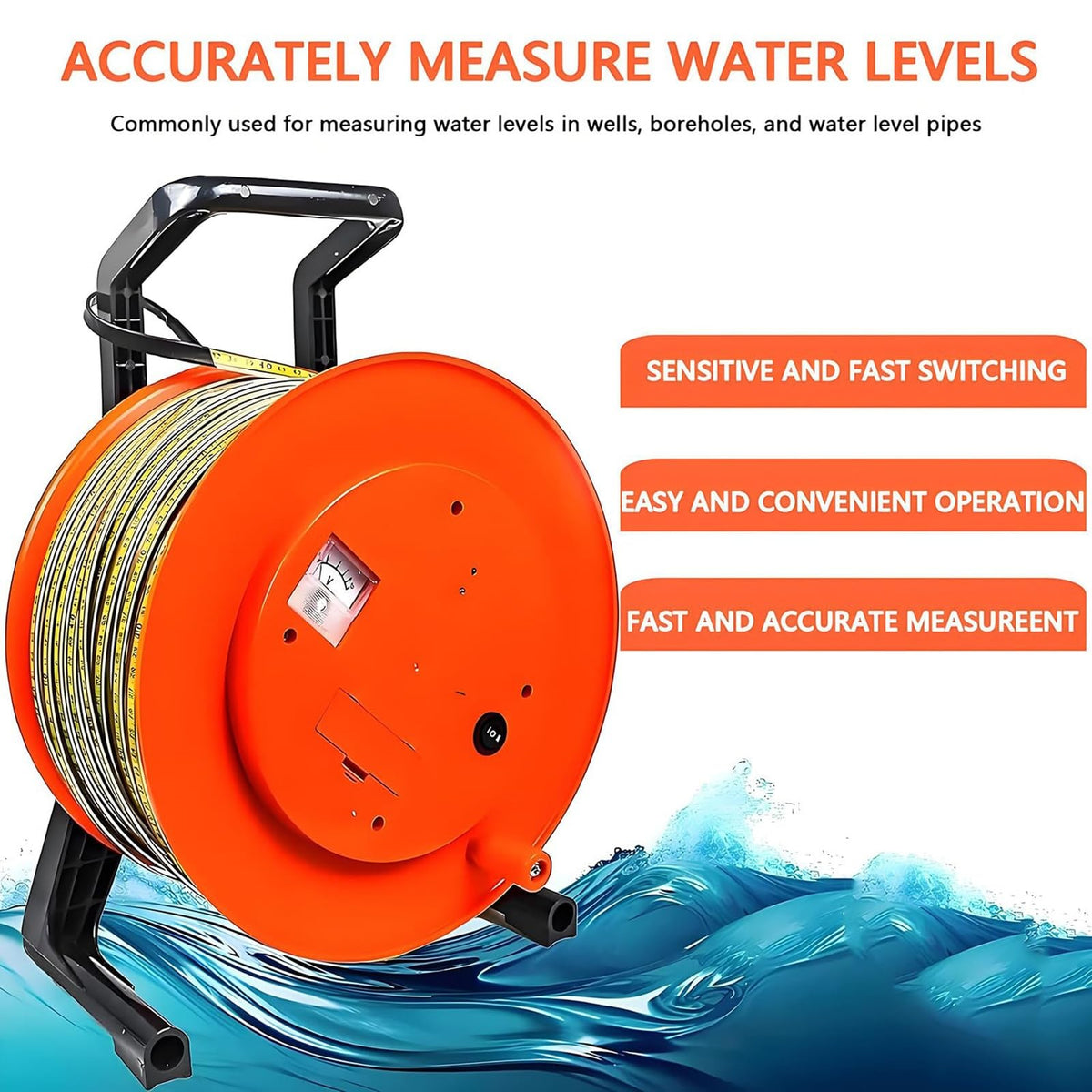 Well Water Level Meter, Depth Gauge with Fixed Probe and Steel Tape for Accurate Water Level Measurement(150M)