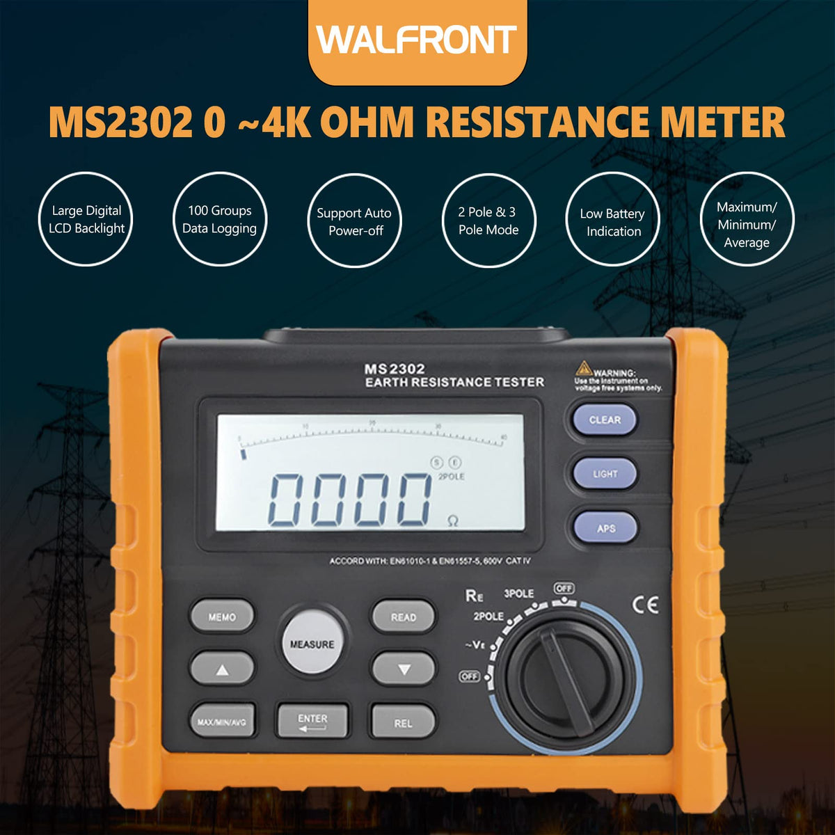 PM2302 Digital Ground Earth Tester, 0 4kΩ Insulation Resistance Meter with LCD Backlight Display for Electricians, Telecom & Power Line Technicians, Portable Soil Resistivity Tester