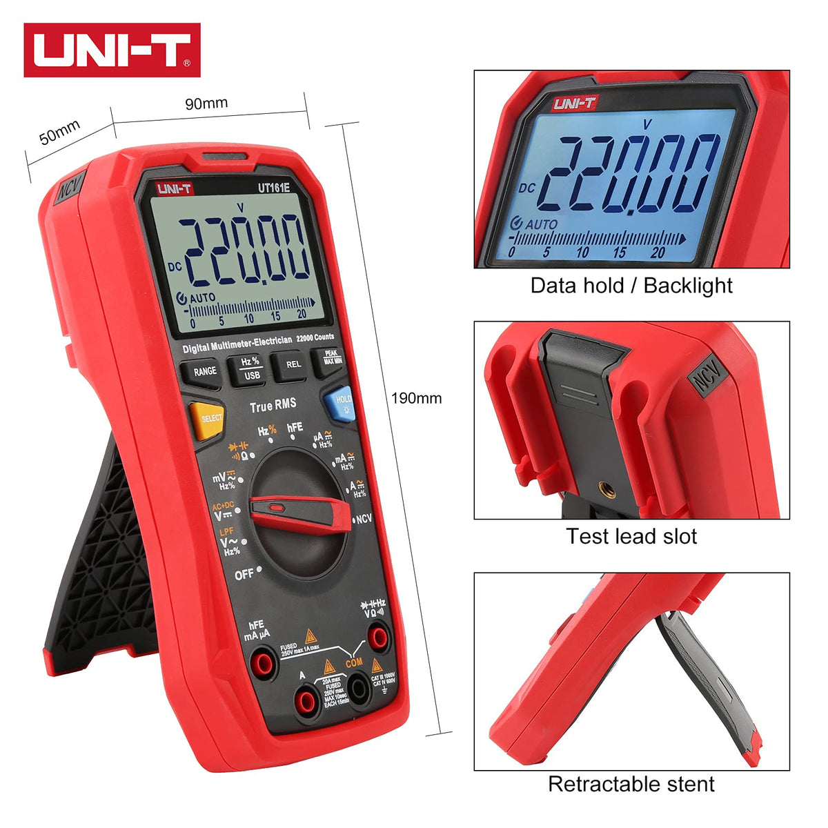 UNI-T UT161E 1000V 20A Digital Multimeter 22000 Counts Display NCV hFE Auto Range True RMS AC/DC Voltage Current Resistance Capacitance Tester Meter