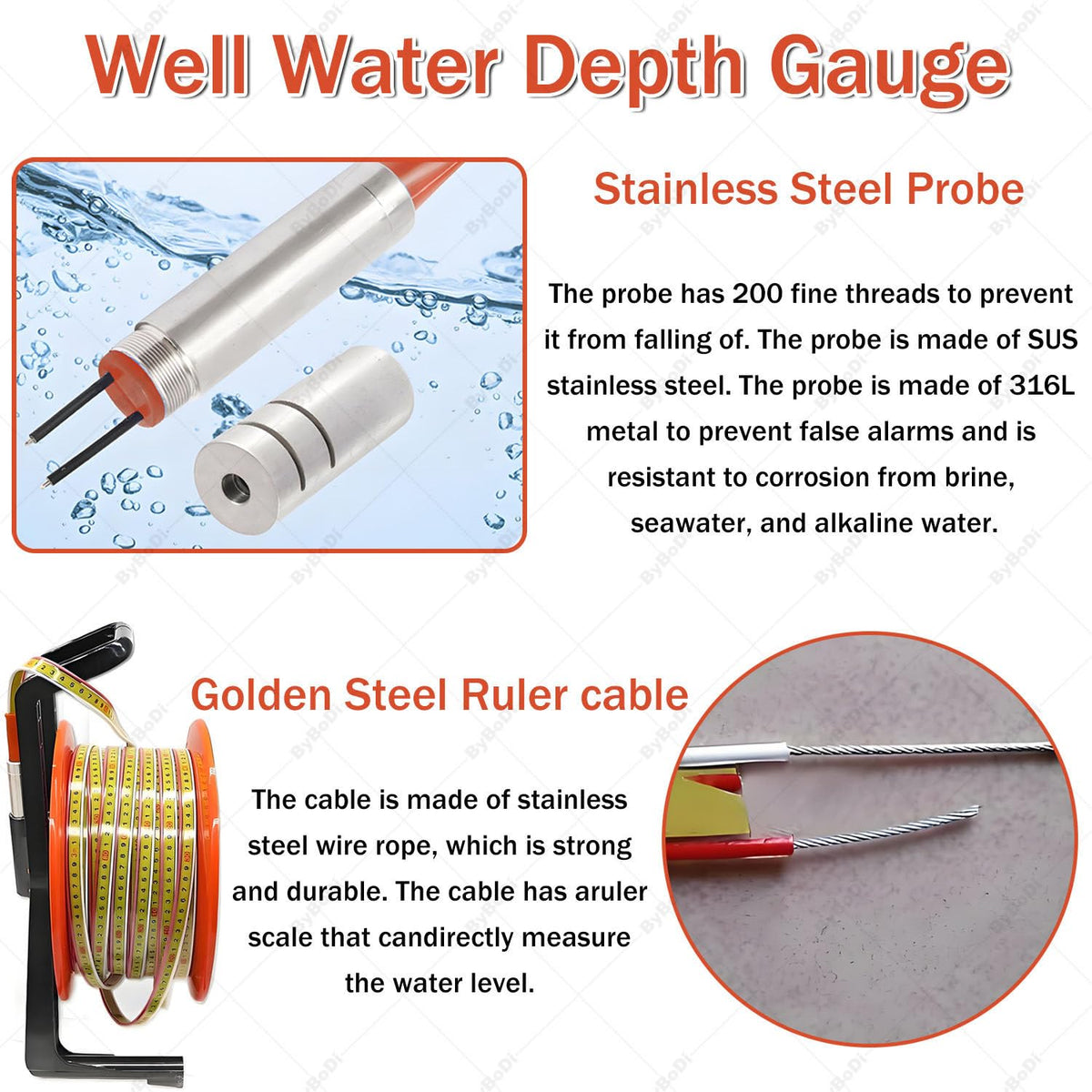 Well Water Depth Gauge,Electronic Waters Meters Measurement Tool with 0.59 Inch Probe and Steel Tape,with Stainless Steel Probe and Steel Tape,for Well,Boreholes,Reservoirs(50m(164ft))