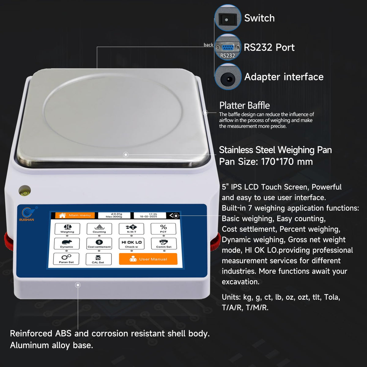 3kg x 0.01g smart laboratory analytical balance scales with Basic weighing, Counting, Cost settlement, Percent , Dynamic , Gross net weight mode, HI OK LO limit alarm, RS232