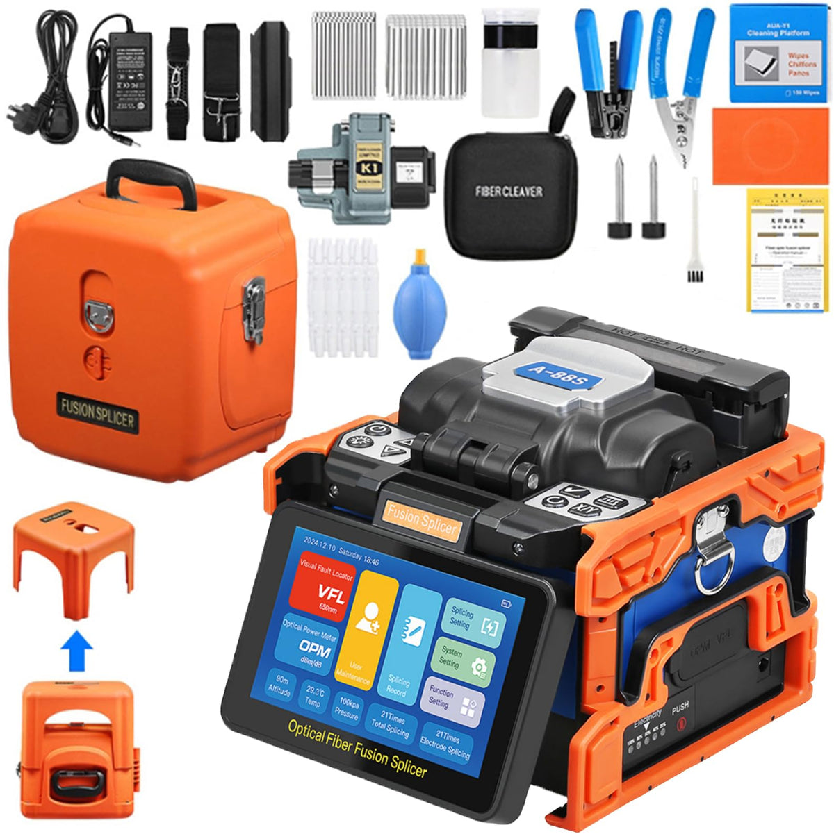 Fusion Splicer AUA-70F Toolbox Kit with Auto Focus & 6 Motor Core Alignment Fiber Fusion Splicer 8S Automatic FTTH Fiber Optical Welding Splicing