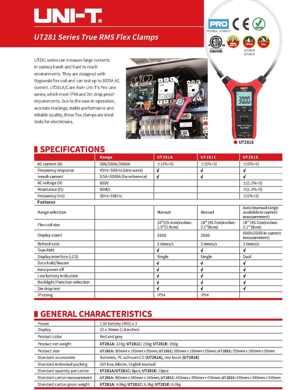 UNI-T UT281A UT281C UT281E AC 3000A Digital Flexible Clamp Meter Multimeter Handheld Voltage Current Resistance Test Backlight.(UT281C)