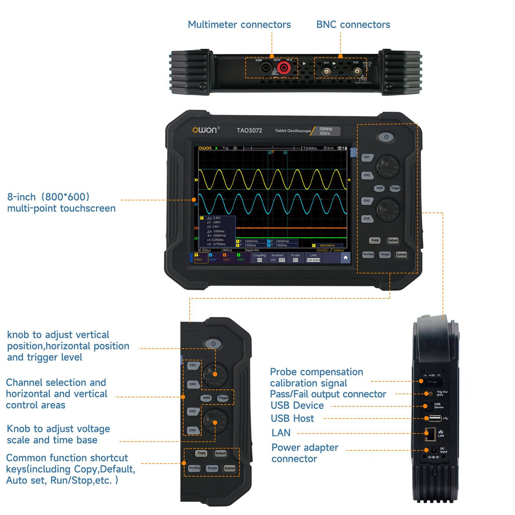 OWON TAO3072 2CH 8 inch Handheld Digital Oscilloscope with 70MHz Bandwidth and 1GS/s Sample Rate, 4 1/2 Digitals Multimeter with 8-Bit High Resolution ADC,SCPI, and LabVIEW Supported