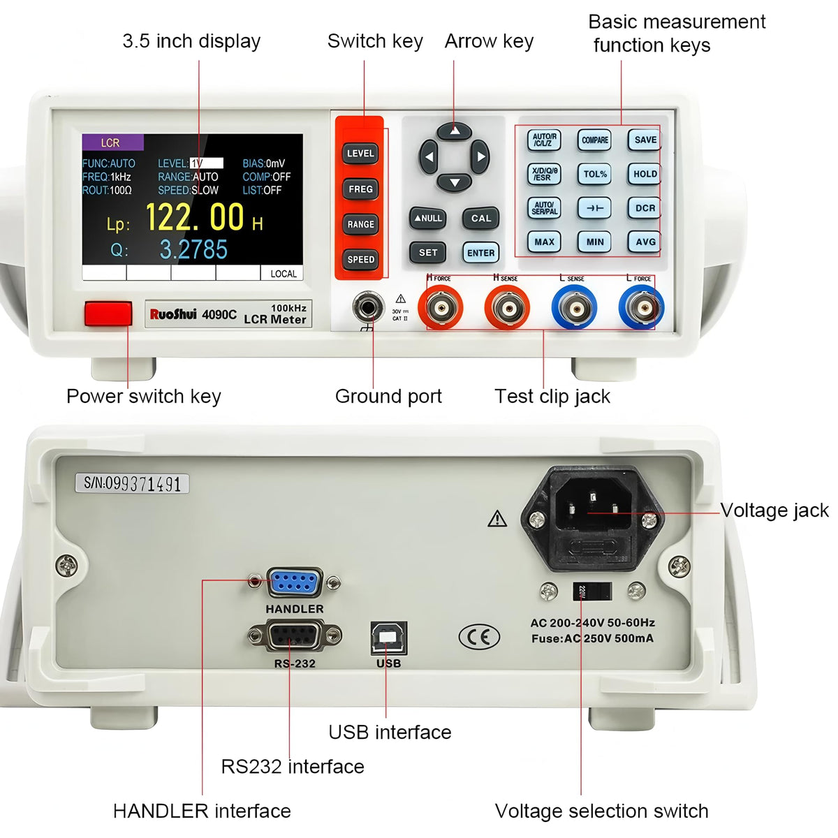 4090A/B/C 5 digit Digital Desktop Type Bridge LCR Meter RS232(or 485) 1500mV adjustable Analyzer(RUOSHUI 4090A)
