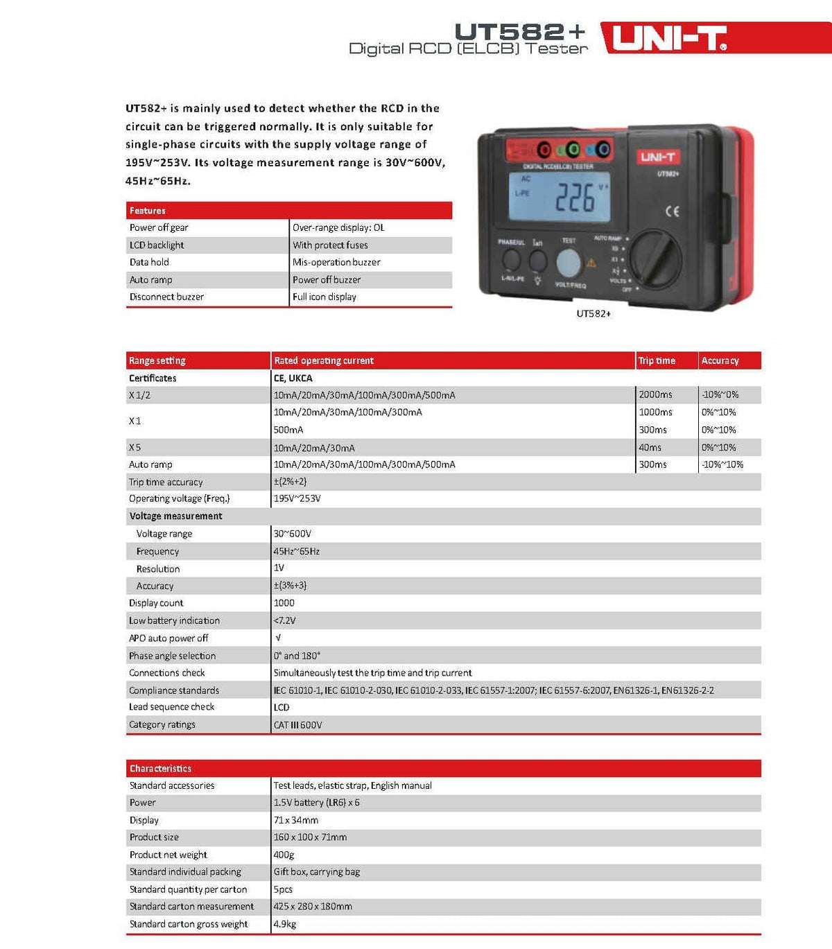 UNI-T UT582+ Digital RCD (ELCB) Tester AUTO RAMP Leakage Circuit Breaker Meter with Mis-Operation Buzzer