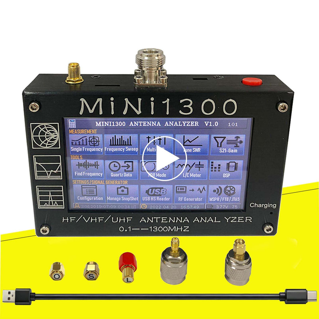 Upgraded Mini1300 Antenna Analyzer 0.1-1300MHz 4.3" TFT Touch Screen RF Vector Network Analyzer Labeled SMA Calibration Kit Portable HF VHF UHF SWR Meter Aluminum Alloy Shell Full Bands