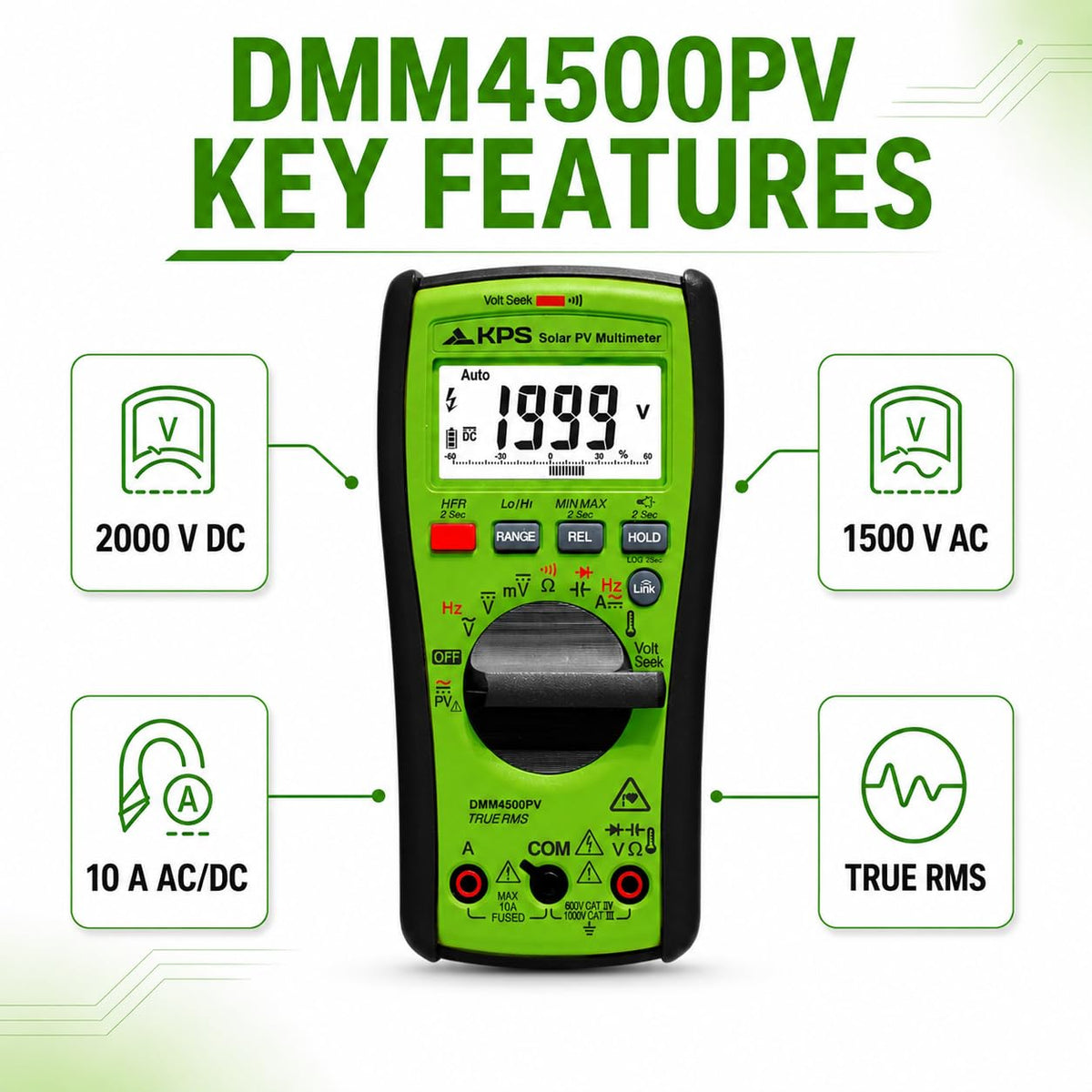 KPS DMM4500PV True RMS Solar Multimeter, 2000V DC, Bluetooth