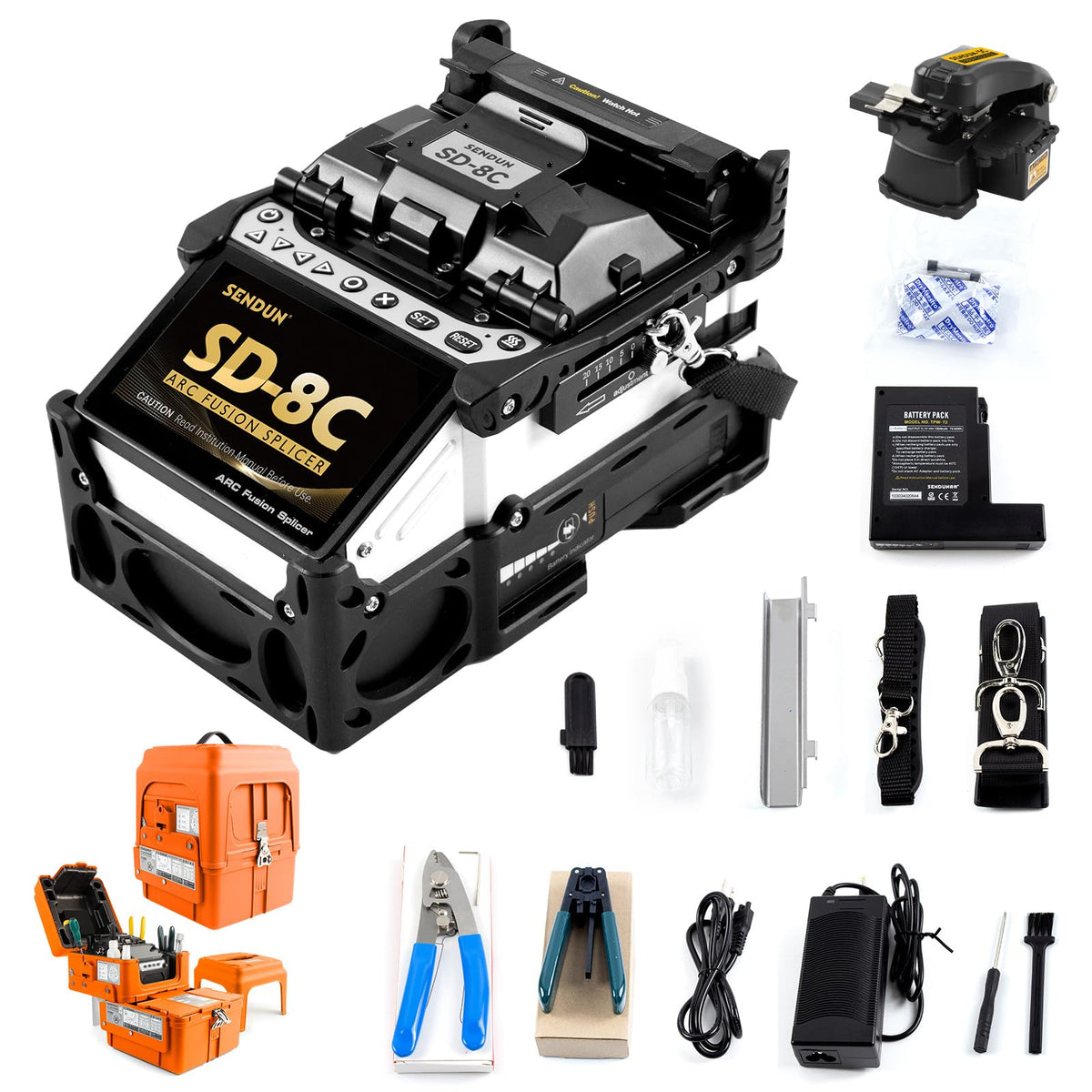 SENDUN Fiber Optic Fusion Splicer with 7200 mAh Battery, SM/MM Automatic Intelligent FTTH Fiber Welding Splicing Machine with 4.3-inch Touch Screen, Fast 6s Splicing & 13s Auto-Heating, SD-8C