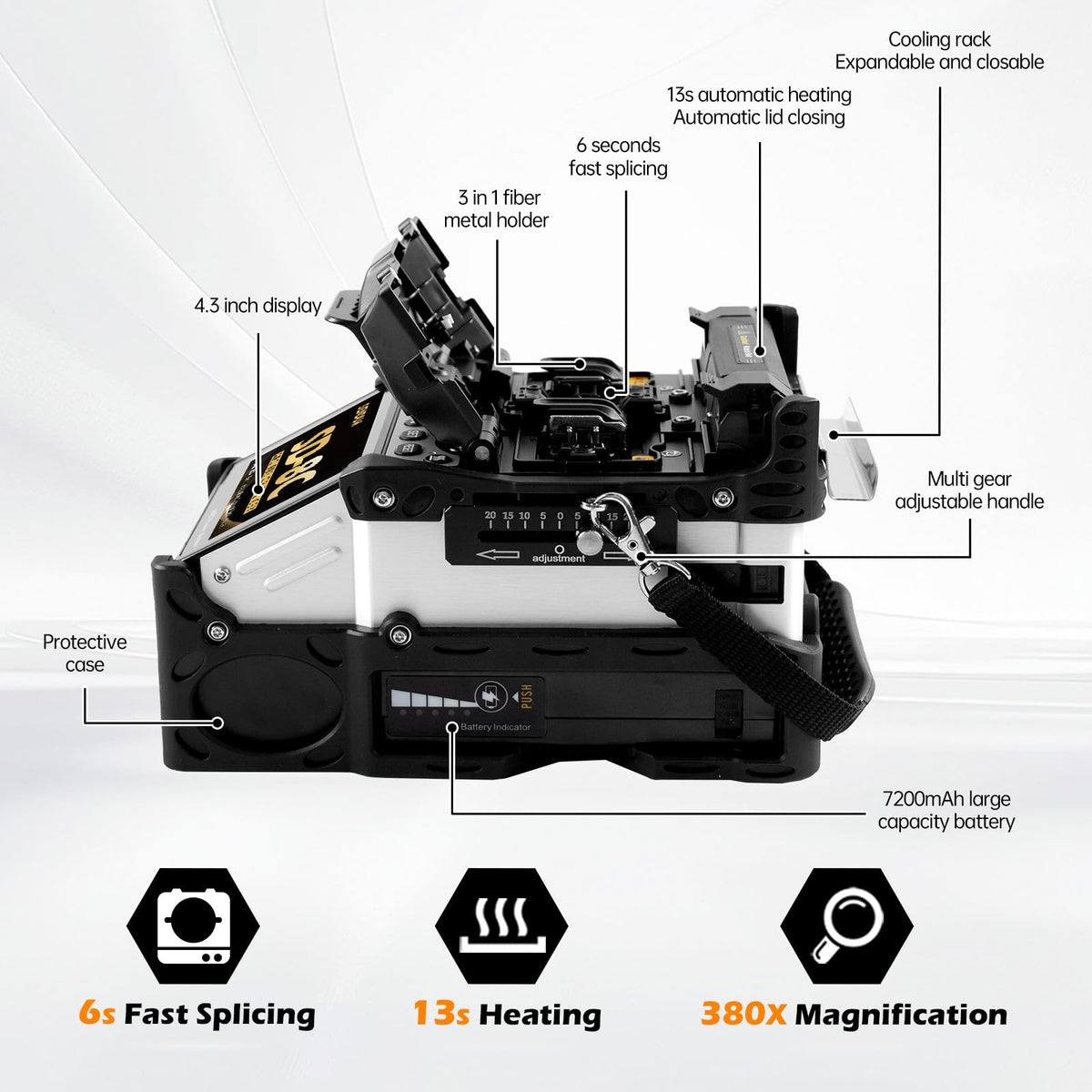 SENDUN Fiber Optic Fusion Splicer with 7200 mAh Battery, SM/MM Automatic Intelligent FTTH Fiber Welding Splicing Machine with 4.3-inch Touch Screen, Fast 6s Splicing & 13s Auto-Heating, SD-8C