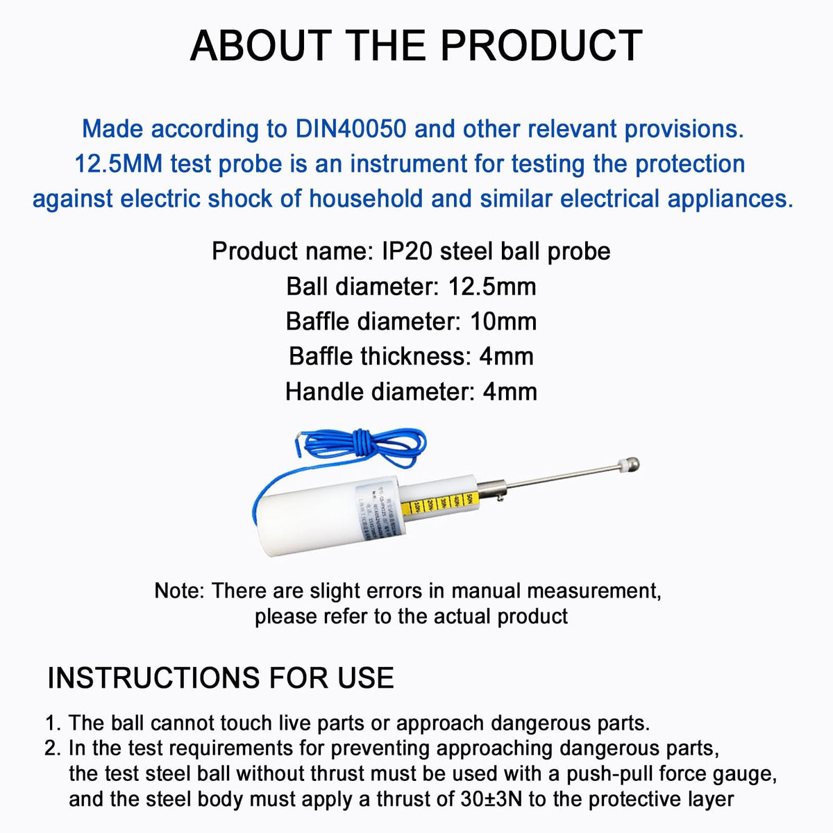 Accessibility Probe for Electrical Safety Testing, Stainless Steel Sphere, 12.5mm, 50N Force, Ideal for Industrial Scientific Applications