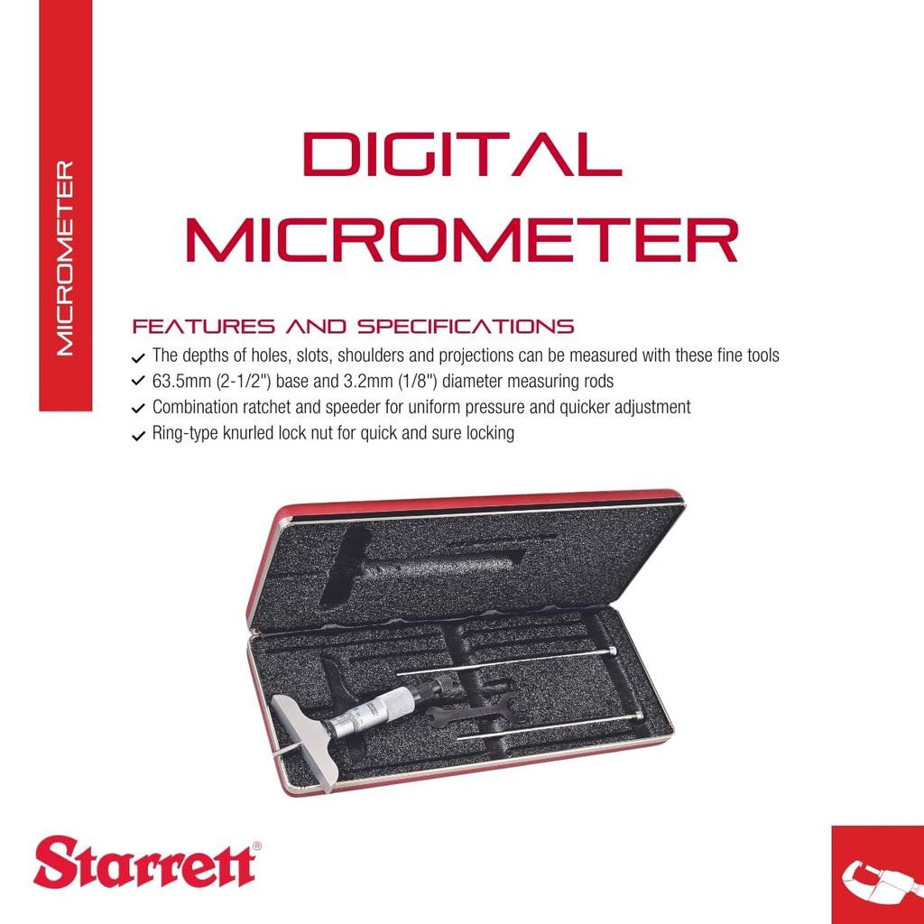 Starrett Depth Micrometer, 0-75mm Range, .01mm Grad, 63.5mm Length - 3 Rods