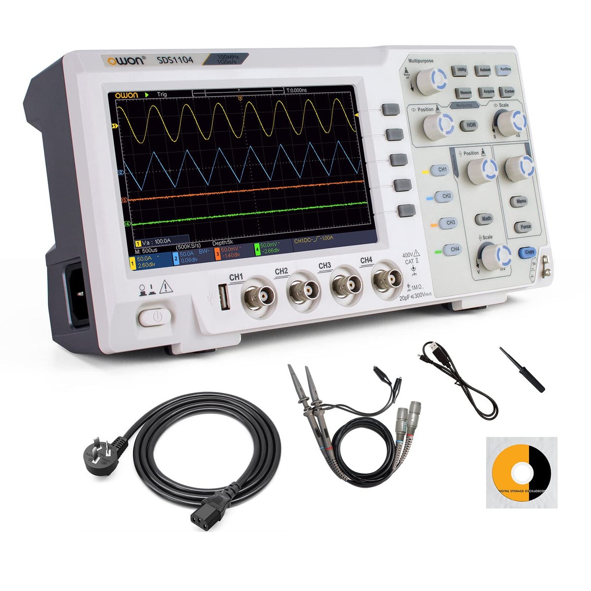 OWON 100Mhz Digital Oscilloscope SDS1104, 7 inch LCD Digital Storage oscilloscope Support SCPI, and LabVIEW,1GS/s 4 Channels Standard Decoder