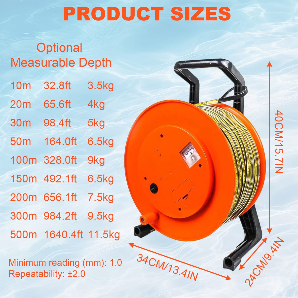 Well Water Level Gauge, Fixed Probe with Steel Tape, Accurate Liquid Level Measurement Tool for Industrial Use, 20 Meters