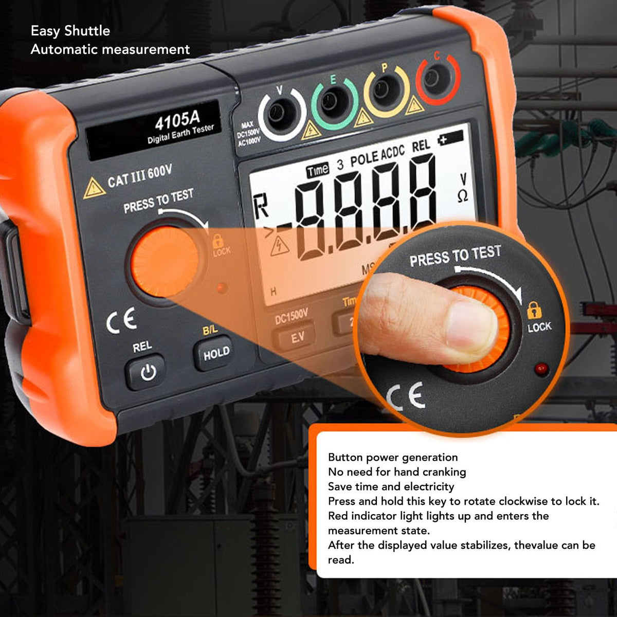 Fydun Ground Resistance Meter Tester Ground Voltage Photovoltaic Voltage LCD Backlit for Nighttime Use