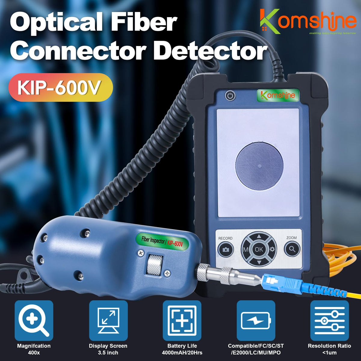 Fiber Inspection Video Probe Komshine 400X Magnification KIP-600V Real-time Video Recording + 4 UPC Tips + 3.5 inch HD Display + 4 UPC Tips + 2 APC Tips